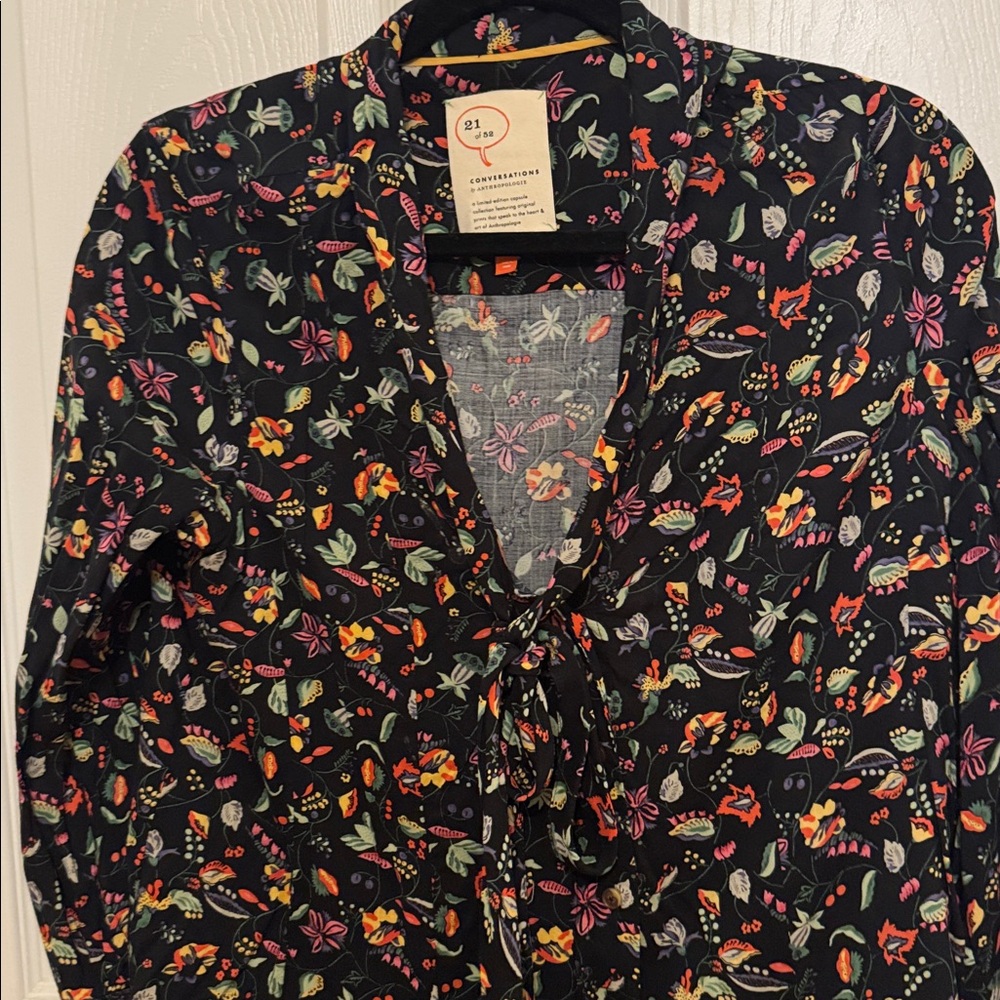 Anthropologie black floral neck tie top